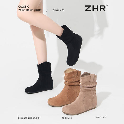 ZHR则则复古堆堆靴女2024新款内增高洋气小短靴加绒时尚绒面女靴 商品图2