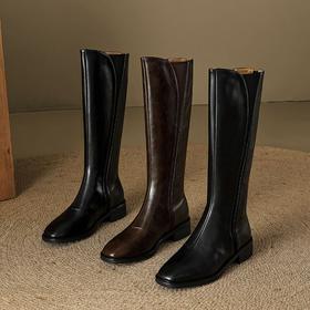 【预售7天】全牛皮拼接圆头高筒骑士靴女秋冬真皮长筒靴棕色不过膝长靴HB&9996
