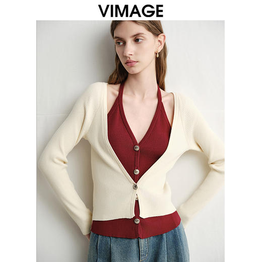 VIMAGE纬漫纪春季新款时尚撞色V领气质两件套针织衫V2301904 商品图2
