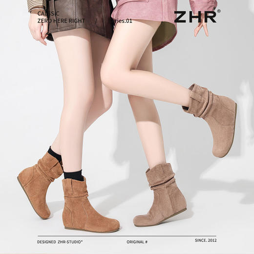 ZHR则则复古堆堆靴女2024新款内增高洋气小短靴加绒时尚绒面女靴 商品图1