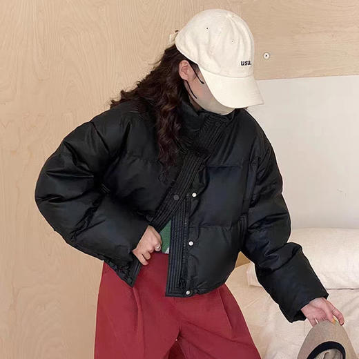 丁摩 PU皮短款白鸭绒羽绒服女冬季时尚立领免洗宽松小个子外套4ZF-23343 商品图1
