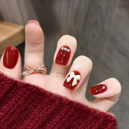 【短款假指甲！轻松拆卸】新年可爱甜美红色美甲蝴蝶结珍珠穿戴甲短款假指甲可拆卸甲片成品新款。ry 商品图1