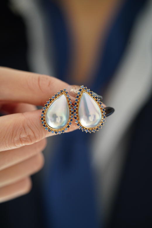 银蓝水滴马贝耳钉「蓝宝石镶嵌」 商品图2