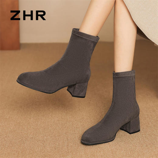 ZHR则则复古时髦摩登粗跟短靴女2024秋冬新款简约纯色绒面瘦瘦靴 商品图7