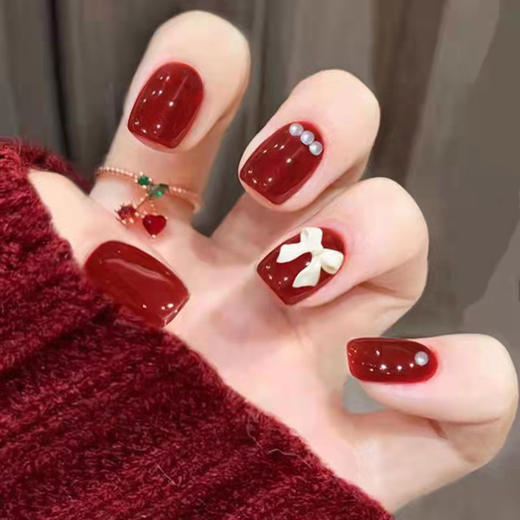 【短款假指甲！轻松拆卸】新年可爱甜美红色美甲蝴蝶结珍珠穿戴甲短款假指甲可拆卸甲片成品新款。ry 商品图0