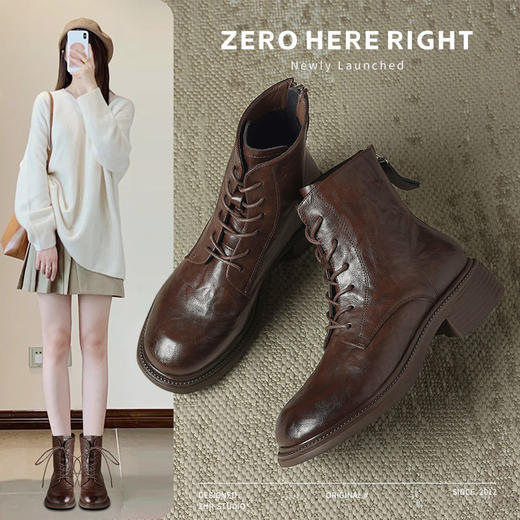 ZHR则则后拉链马丁靴加绒保暖小短靴2024新款厚底瘦瘦靴百搭女靴 商品图1