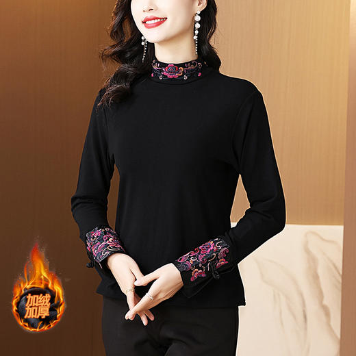KQL 422H2289重工刺绣高领磨毛打底衫弹力上衣 商品图0