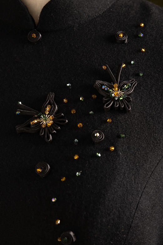 荷言GL 拙政璃影裙 黑色羊毛拼宋锦鸵鸟毛旗袍毛呢连衣裙保暖 商品图1