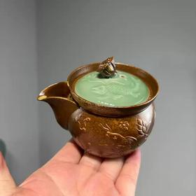 仿古草木灰釉古朴太湖石宝瓶手抓壶龙泉窑高端功夫茶具家用泡茶器本土斋-鱼藻纹手抓壶150ML