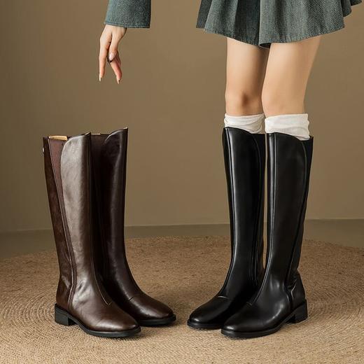 【预售7天】全牛皮拼接圆头高筒骑士靴女秋冬真皮长筒靴棕色不过膝长靴HB&9996 商品图3