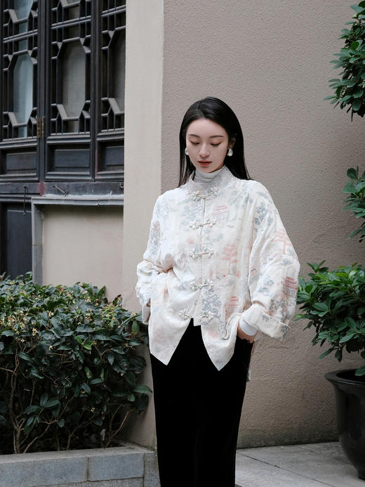 盛唐牡丹| 如意湖亭丝绒花扣外套-白色 商品图0