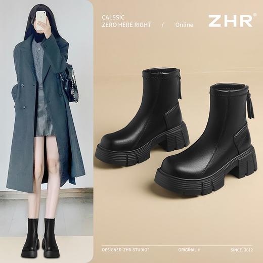 ZHR则则复古圆头粗跟短靴女2024秋冬新款英伦风加绒保暖棉靴增高 商品图0