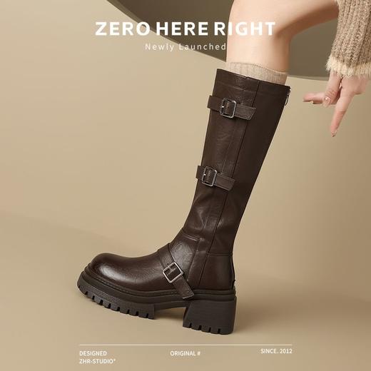 ZHR多排扣潮流长筒靴女2024秋冬新款复古骑士靴厚底西棕色牛仔靴 商品图8