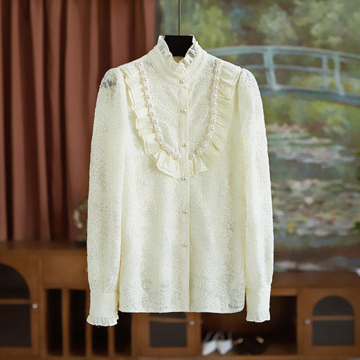 【高货wl】全新升级【铂金会员257/天猫339/差价82】(04246) 洛诗琳春秋新款优雅宫廷风蕾丝绣花荷叶立领珍珠衬衫女 商品图0