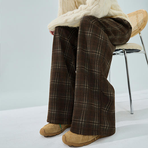 西遇咖色格纹直筒裤女新款复古高腰抽绳休闲百搭休闲裤D0043924（单层） 商品图4