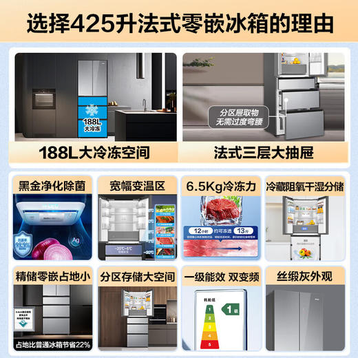 海尔（Haier）425升【700mm宽】 超薄零嵌入式冰箱法式多门对开五门电冰箱小户型一级能效变频风冷无霜 底部散热 0cm嵌入+阻氧干湿分储+宽幅全温区变温 商品图1