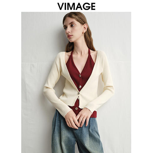 VIMAGE纬漫纪春季新款时尚撞色V领气质两件套针织衫V2301904 商品图3