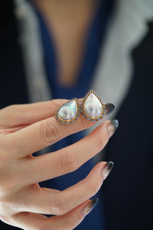 银蓝水滴马贝耳钉「蓝宝石镶嵌」 商品图4