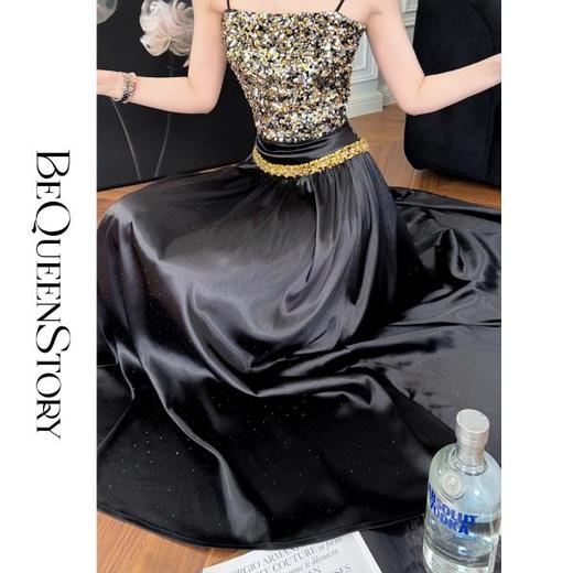 余潇潇【黑金晚宴】轻奢质感缎面烫钻缝制腰链大摆隐拉半身裙 商品图3