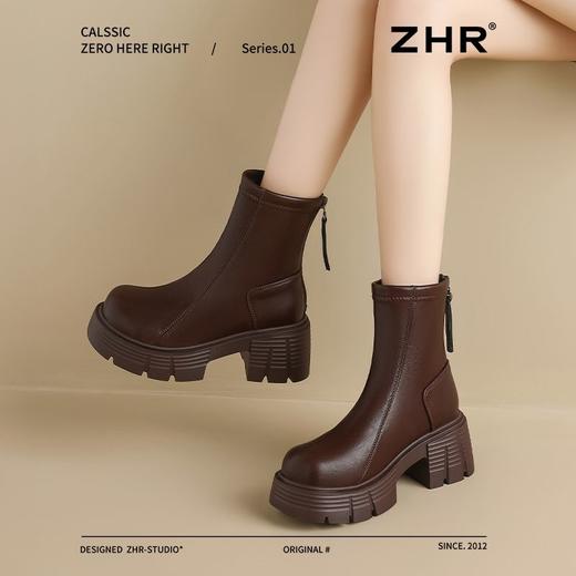 ZHR则则复古圆头粗跟短靴女2024秋冬新款英伦风加绒保暖棉靴增高 商品图7