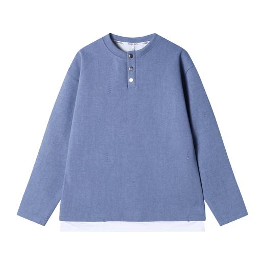 T2040秋冬新款男士搬开领纯色假两件割破设计纽扣长袖日系百搭卫衣 商品图1