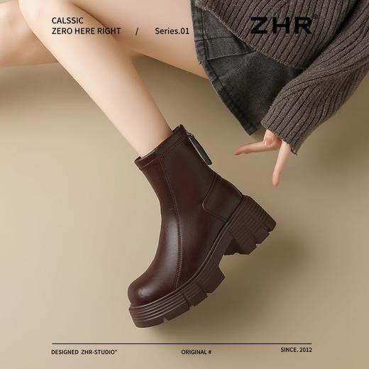 ZHR则则复古圆头粗跟短靴女2024秋冬新款英伦风加绒保暖棉靴增高 商品图8