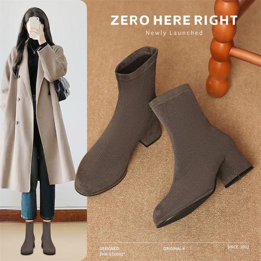 ZHR则则复古时髦摩登粗跟短靴女2024秋冬新款简约纯色绒面瘦瘦靴 商品图1