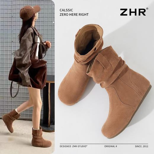 ZHR则则复古堆堆靴女2024新款内增高洋气小短靴加绒时尚绒面女靴 商品图0