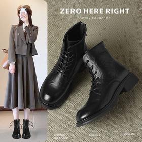 ZHR则则后拉链马丁靴加绒保暖小短靴2024新款厚底瘦瘦靴百搭女靴