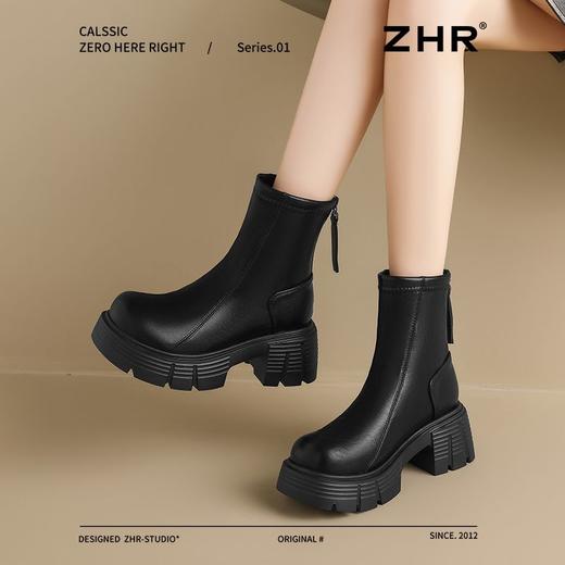 ZHR则则复古圆头粗跟短靴女2024秋冬新款英伦风加绒保暖棉靴增高 商品图4