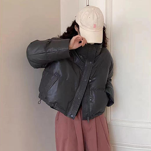 丁摩 PU皮短款白鸭绒羽绒服女冬季时尚立领免洗宽松小个子外套4ZF-23343 商品图7