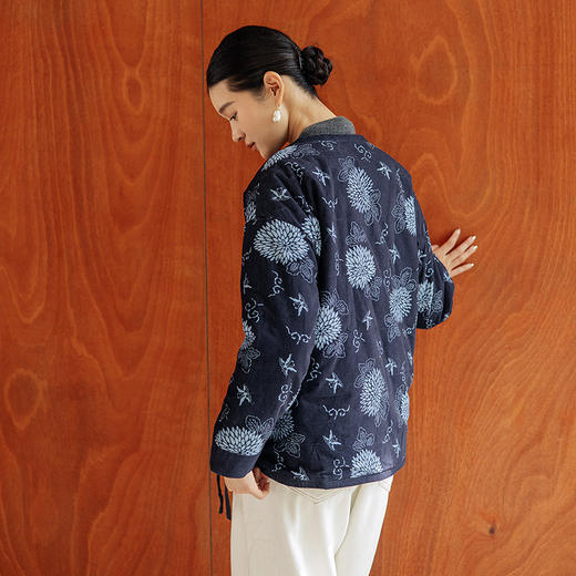 绽放850朵/轻古典中式风细条灯芯绒全棉印花v领夹棉短外套棉袄 商品图2