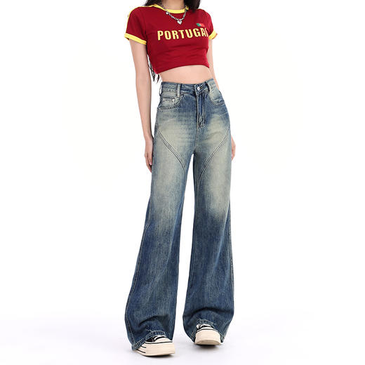 罗蒙女士四季牛仔裤复古百搭高腰宽松显瘦阔腿裤休闲通勤女直筒长裤 商品图4