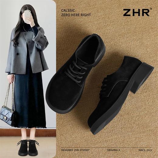 ZHR新中式加绒单鞋2024新款冬季保暖短筒女鞋时尚平跟ins乐福鞋女 商品图1