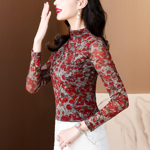 加绒加厚半高领长袖T恤，中国风印花上衣KQL-350H2621 商品图2