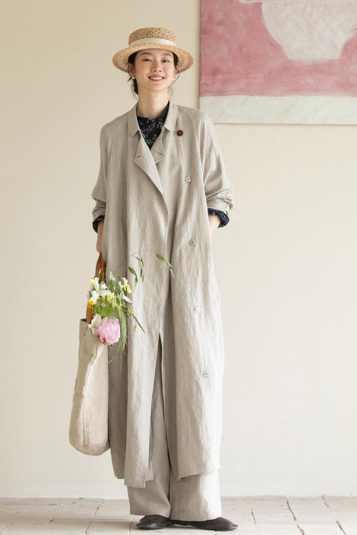 牧衣游原创 进口雨露麻原色风衣新款古朴宽松轻薄文艺长外套 寻野 商品图5