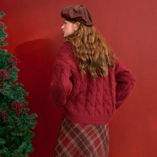 西遇红色麻花套头毛衣女冬季新款穿搭蕾丝假两件针织衫D0044201 商品图4