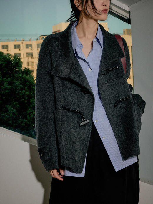 Even Vintage|老钱风 高奢耗牛绒蚕丝 廓形感双面呢牛角扣短大衣 商品图4