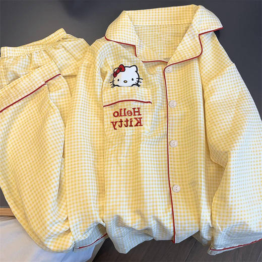 【时尚黄格子，少女心爆棚】春秋季新款黄色格子 少女凯蒂猫印花睡衣 时尚舒适长袖长裤-QQ 商品图2