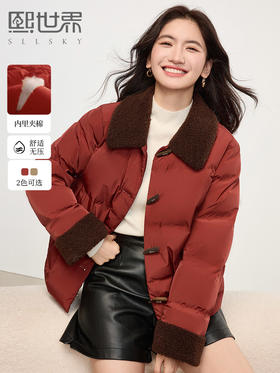 【年终特卖】熙世界安可拉红色复古撞色毛绒翻领棉服冬季牛角扣外套短款棉衣