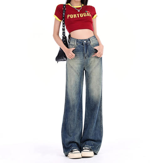 罗蒙女士四季牛仔裤复古百搭高腰宽松显瘦阔腿裤休闲通勤女直筒长裤 商品图3