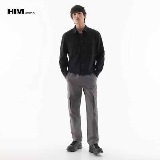 HIM漢崇 潮流宽松休闲翻领简约工装口袋黑色长袖衬衫 2025秋季 商品图1