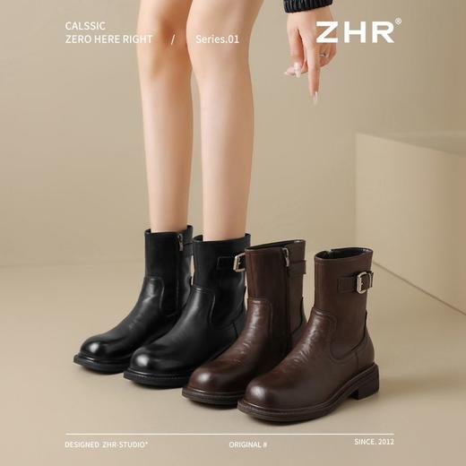 ZHR则则洋气百搭瘦瘦靴加绒马丁靴2024新款厚底短靴西部搭扣女靴 商品图2