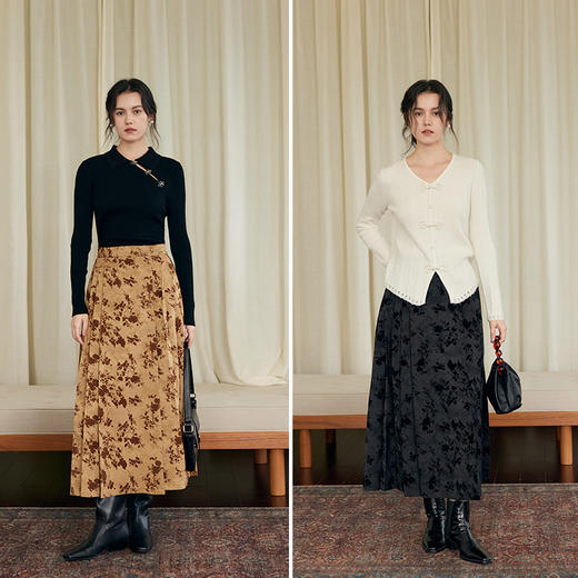 HeyDress新中式提花马面裙女冬季国风黑色植绒a字气质百褶半身裙 商品图5