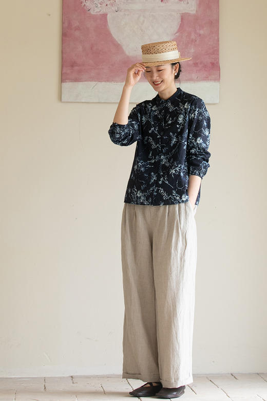 牧衣游原创 进口雨露麻原色阔腿裤女新款宽松显瘦休闲裤 简静风 商品图5