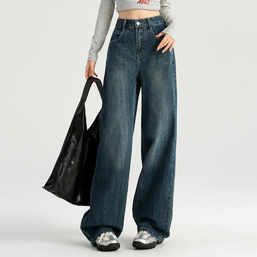 罗蒙四季女士牛仔裤百搭宽松阔腿裤休闲舒适通勤显瘦直筒裤子女 商品图3