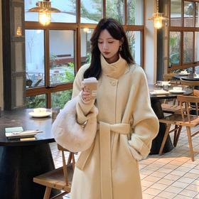 金蘑菇菇【落叶和冬】设计师高定长款立领骆驼绒大衣保暖双面呢外套