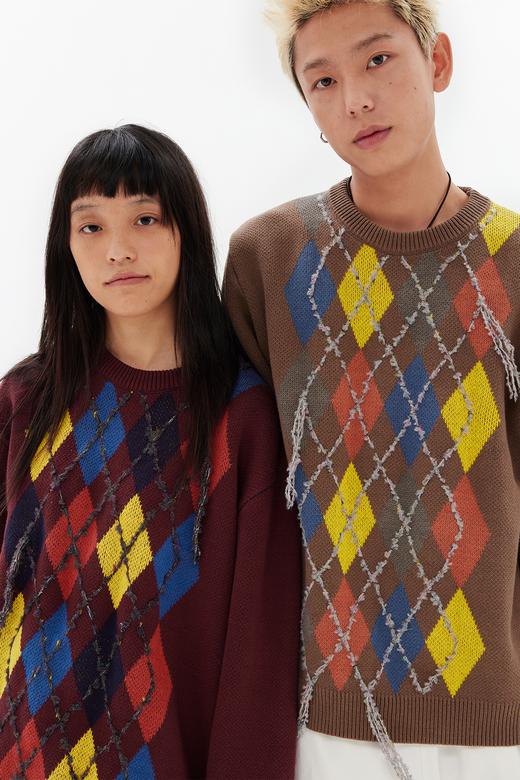 CryingCenter 星星节日彩灯菱格纹宽松圆领毛衣 哭喊中心 商品图3