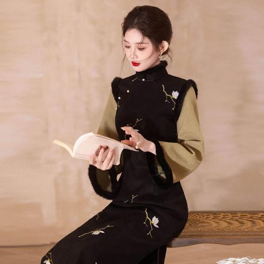 中国风麂皮绒拼接毛呢长款旗袍少女日常CM582 商品图3