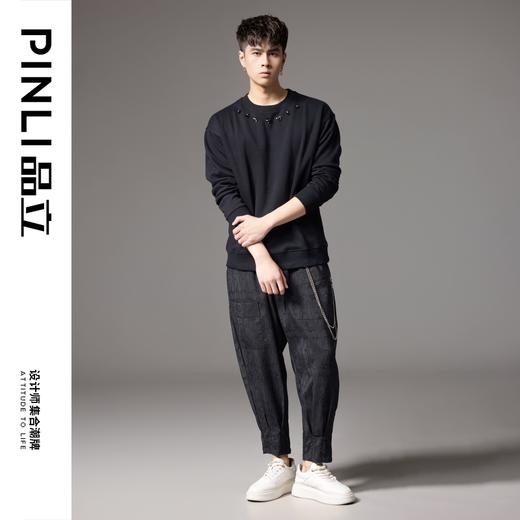 PINLI品立2024秋季新款宽松休闲套头卫衣男潮牌钻花装饰圆领上衣BG243109024 商品图2